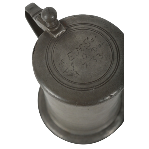 273 - AN ENGLISH PEWTER TANKARD 18th century, the lid engraved with initials and date, 