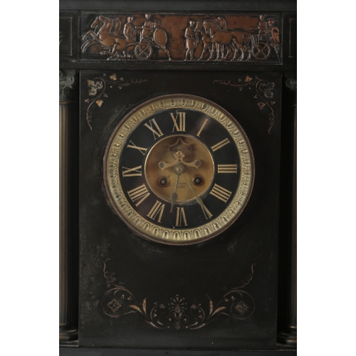 301 - A LATE VICTORIAN SLATE MANTEL CLOCK of architectural form, with an embossed copper frieze depicting ... 