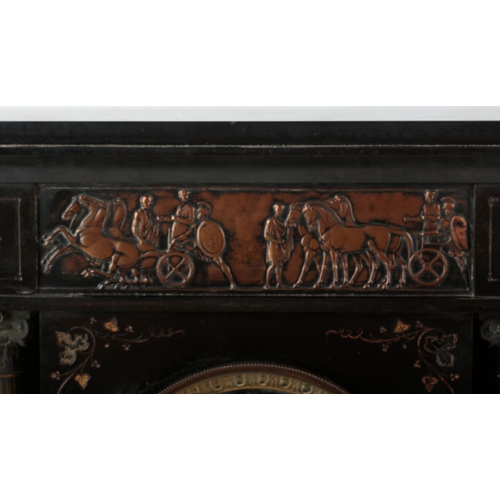 301 - A LATE VICTORIAN SLATE MANTEL CLOCK of architectural form, with an embossed copper frieze depicting ... 