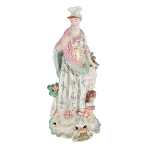 319 - AN 18TH CENTURY DUESBURY & CO DERBY PORCELAIN FIGURE OF MINERVA modelled standing with hoary face sh... 