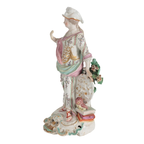 319 - AN 18TH CENTURY DUESBURY & CO DERBY PORCELAIN FIGURE OF MINERVA modelled standing with hoary face sh... 