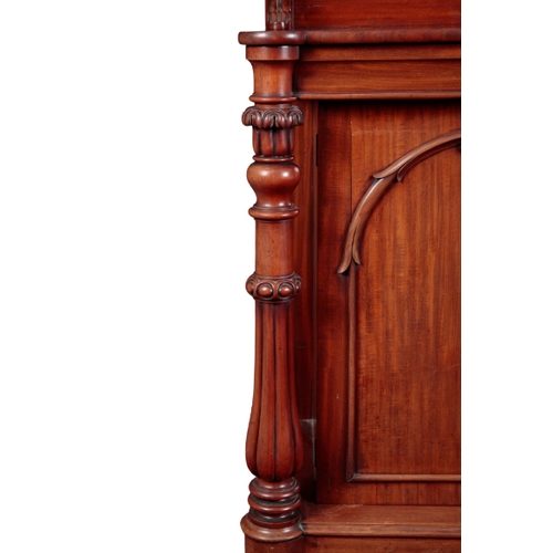 327 - A VICTORIAN FIGURED MAHOGANY CHIFFONIER the back with floral and scroll carving and fitted single sh... 