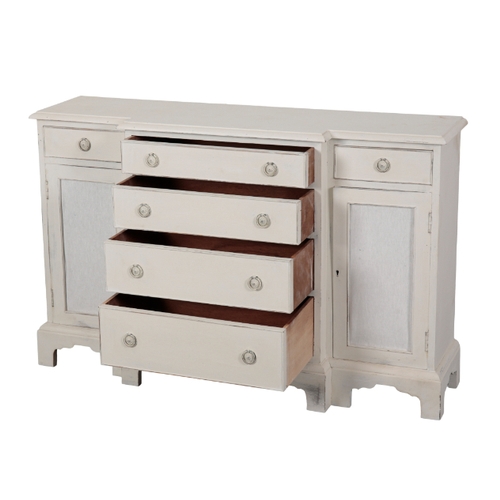 329 - A WHITE-PAINTED BREAKFRONT SIDEBOARD 20th century, the moulded top over a central arrangement of gra... 