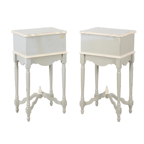 339 - A PAIR OF FRENCH GREY-PAINTED BEDSIDE CABINETS 20th century, the shaped top over a single drawer, th... 