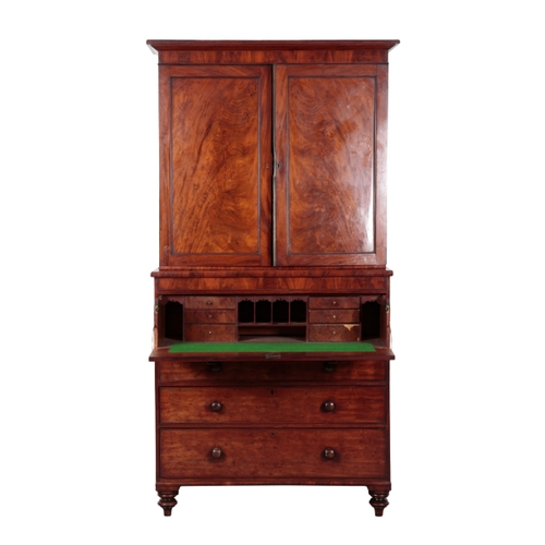 344 - AN EARLY VICTORIAN MAHOGANY SECRETAIRE BOOKCASE the top section with a moulded pediment over figured... 