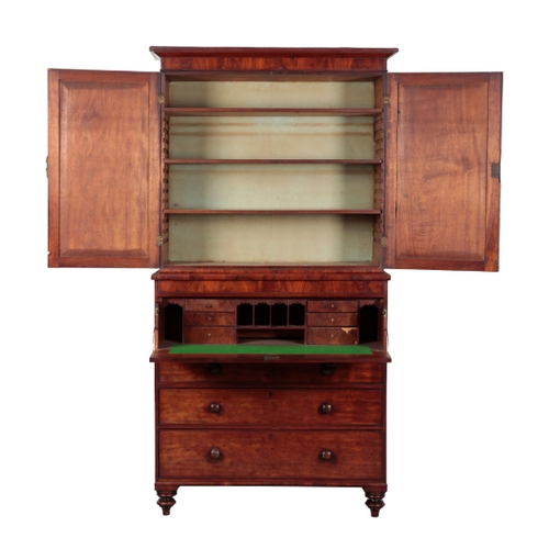 344 - AN EARLY VICTORIAN MAHOGANY SECRETAIRE BOOKCASE the top section with a moulded pediment over figured... 