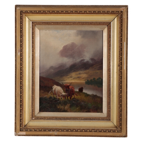 349 - H.R. HALL (1859-1927) 'HIGHLAND CATTLE LOCH LONG' oil on canvas, signed lower right, 44cm x 34cm