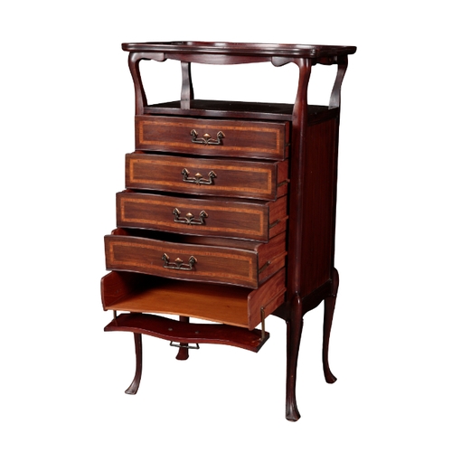 350 - AN EDWARDIAN MAHOGANY MUSIC CHEST the shaped top with a moulded and raised edge, with five drawers b... 