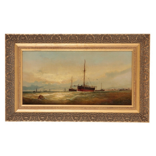 435 - 19TH CENTURY SCHOOL, FISHING BOATS AT EVENING oil painting on relined canvas, 21cm x 41cm, in later ... 