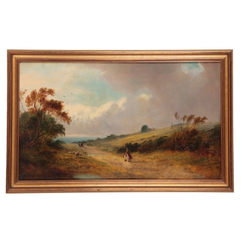 159 - AMERICAN SCHOOL 19TH CENTURY, FIGURES ON A PATH oil on canvas, a black woman and child watching as a... 