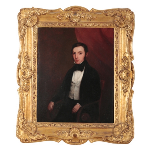 161 - ENGLISH SCHOOL 19TH CENTURY, A PORTRAIT OF A GENTLEMAN depicted seated in formal attire, 40cm x 33cm