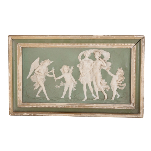 167 - TWO JASPERWARE PANELS 19th century, both with green backgrounds and figures cast in relief, the tall... 