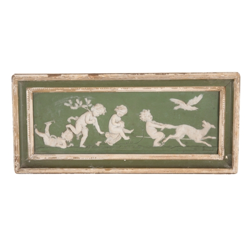 167 - TWO JASPERWARE PANELS 19th century, both with green backgrounds and figures cast in relief, the tall... 