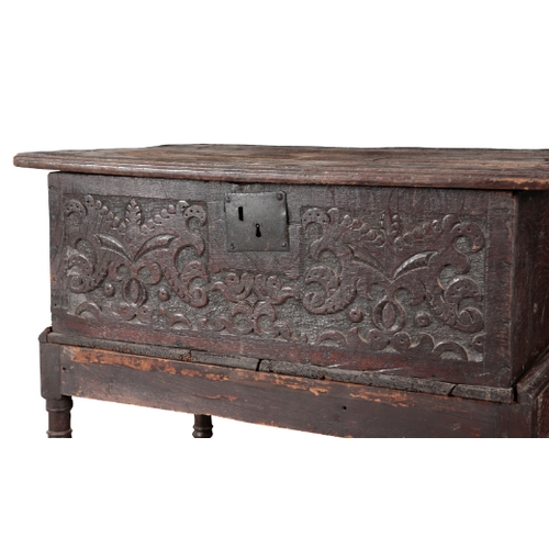 176 - A CHARLES II STYLE OAK CHEST ON STAND incorporating 17th century and later elements, the hinged lid ... 