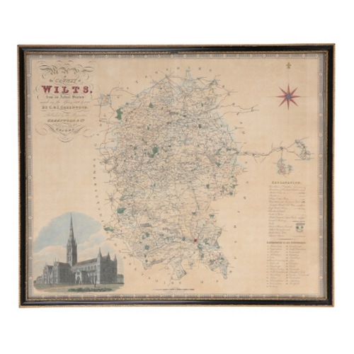 183 - JOHANNES BLAEU, A MAP OF WILTSHIRE, 'WILTONIA' hand coloured engraving, framed and doubled glazed wi... 