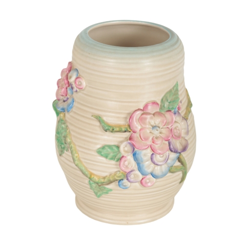 187 - CLARICE CLIFF, A 'MY GARDEN' RIBBED VASE 899 L/S, 21cm high, together with a studio pottery twin-han... 