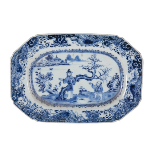 190 - AN 18TH CENTURY CHINESE EXPORT PART SERVICE decorated in blue and white with figural scenes to the f... 