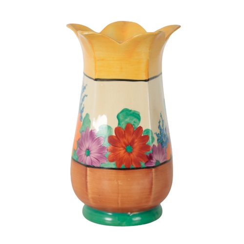 214 - CLARICE CLIFF 'BIZARRE', A GAYDAY PATTERN VASE of faceted form with shaped rim, 20.5cm high