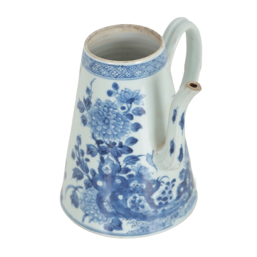 220 - A CHINESE EXPORT BLUE AND WHITE COFFEE POT 18th century, of conical form, with moulded side spout, d... 