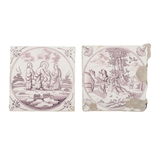 222 - A GROUP OF EIGHT 18TH CENTURY DELFT TILES decorated in manganese with figural and biblical scenes, v... 