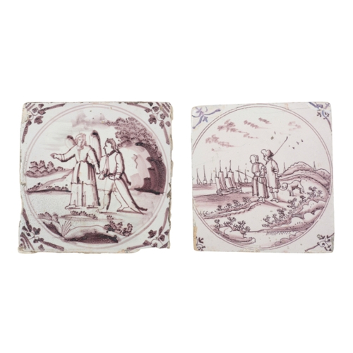 222 - A GROUP OF EIGHT 18TH CENTURY DELFT TILES decorated in manganese with figural and biblical scenes, v... 