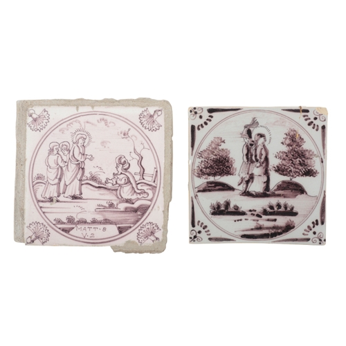 222 - A GROUP OF EIGHT 18TH CENTURY DELFT TILES decorated in manganese with figural and biblical scenes, v... 