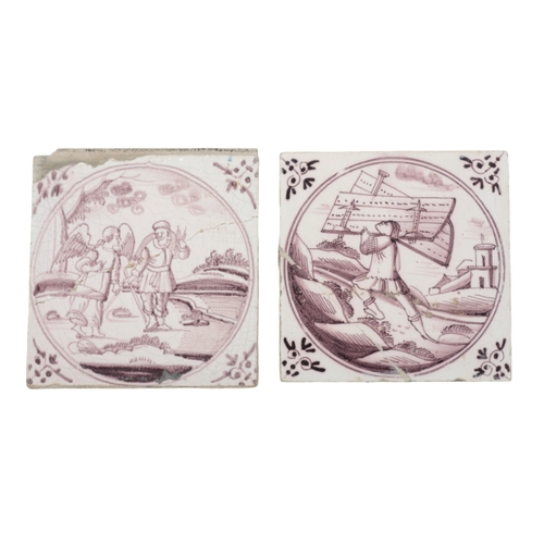 222 - A GROUP OF EIGHT 18TH CENTURY DELFT TILES decorated in manganese with figural and biblical scenes, v... 