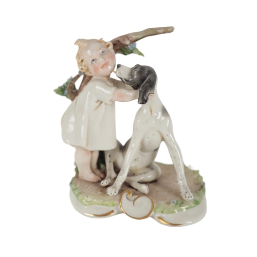 229 - A ROYAL WORCESTER BONE CHINA FIGURE OF A STANDING PUTTI WITH BASKET AND DOG 14cm high (repaired); an... 