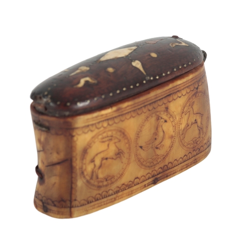 242 - AN 18TH CENTURY CONTINENTAL HORN SNUFF BOX the lid inlaid with bone numerals '1755', the body with i... 