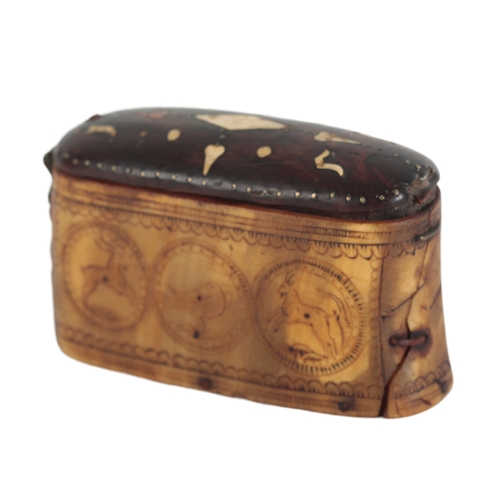 242 - AN 18TH CENTURY CONTINENTAL HORN SNUFF BOX the lid inlaid with bone numerals '1755', the body with i... 