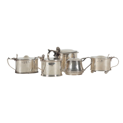 26 - A GROUP OF FIVE SILVER MUSTARD POTS including an example by James McKay, Edinburgh, 6.5cm high, rubb... 