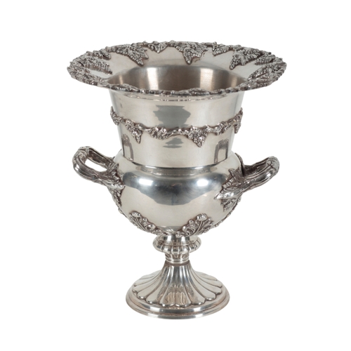 32 - A PAIR OF SILVER-PLATED CHAMPAGNE COOLERS of campagna urn form, the body decorated with vinery and g... 