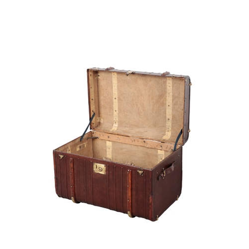 73 - AN EDWARDIAN DARK WOOD AND BRASS-BOUND TRAVELLING TRUNK with double leather carrying handles, 48cm x... 