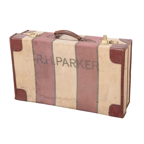 76 - AN EDWARDIAN BROWN LEATHER AND CANVAS MAP CASE a maroon and beige canvas striped suitcase with leath... 