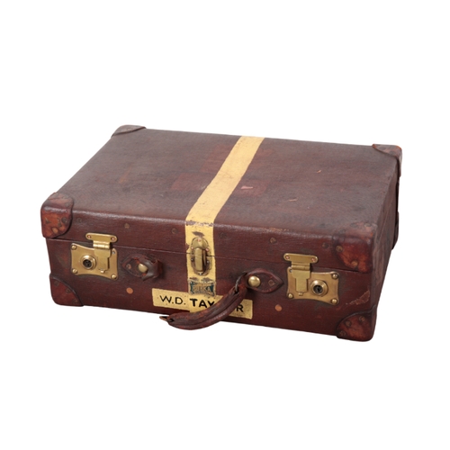 76 - AN EDWARDIAN BROWN LEATHER AND CANVAS MAP CASE a maroon and beige canvas striped suitcase with leath... 