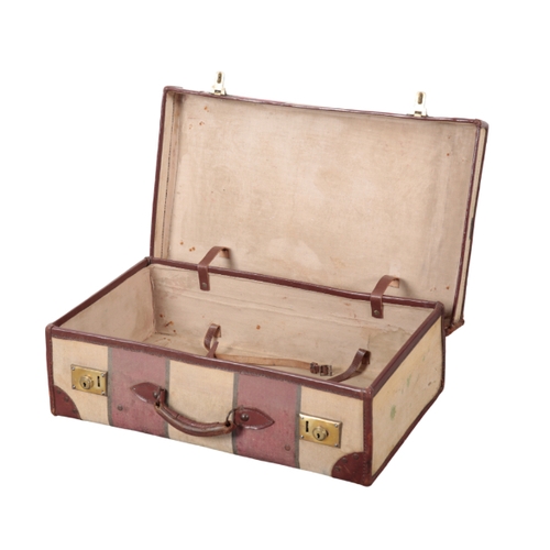 76 - AN EDWARDIAN BROWN LEATHER AND CANVAS MAP CASE a maroon and beige canvas striped suitcase with leath... 