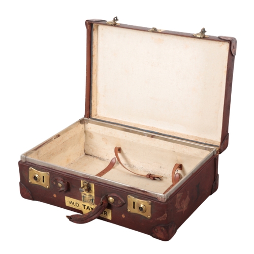 76 - AN EDWARDIAN BROWN LEATHER AND CANVAS MAP CASE a maroon and beige canvas striped suitcase with leath... 