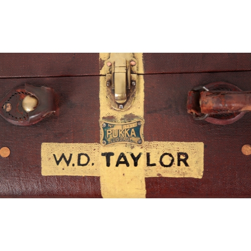 76 - AN EDWARDIAN BROWN LEATHER AND CANVAS MAP CASE a maroon and beige canvas striped suitcase with leath... 