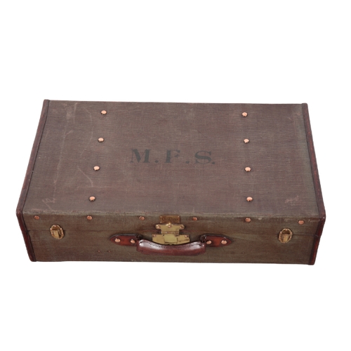 84 - LES HIRONDELLES: A FLAXITE DOMED SUITCASE with brass and wooden fittings, brass oval name plaque; an... 