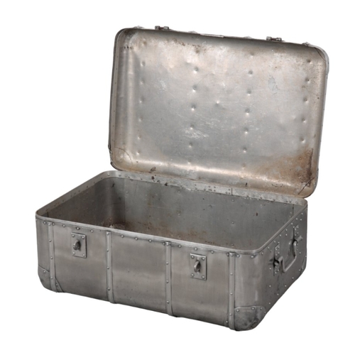 88 - TWO ALUMINIUM TRUNKS including a rounded example, with damaged clasps, 34cm high x 76cm wide x 52cm ... 