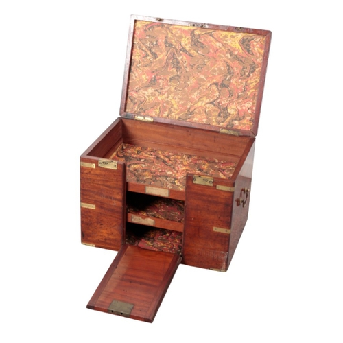 90 - A MAHOGANY AND BRASS-BOUND CAMPAIGN CHEST 19th century, the hinged top opening to a shelved interior... 