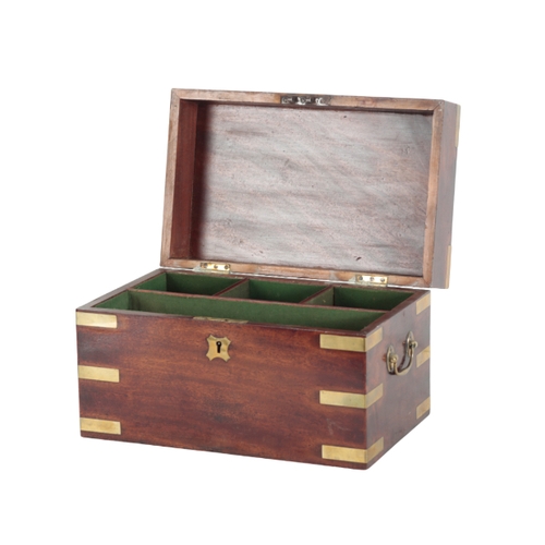 91 - A MAHOGANY AND BRASS-BOUND CAMPAIGN BOX 19th century, the hinged lid opening to a fitted baize-lined... 