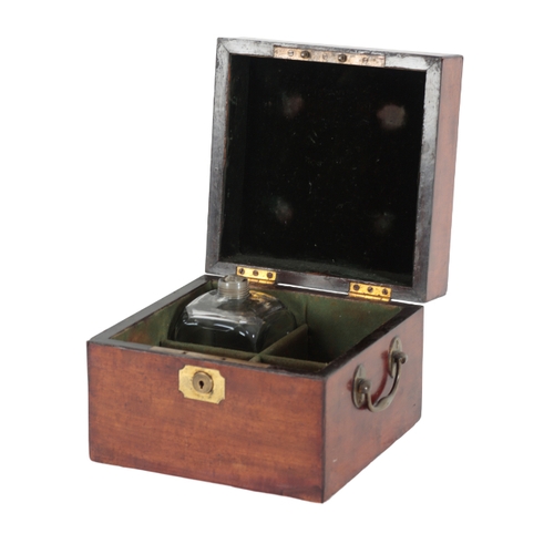 92 - A MAHOGANY AND BRASS MOUNTED APOTHECARY BOX 19th century, the hinged lid opening to a fitted and bai... 