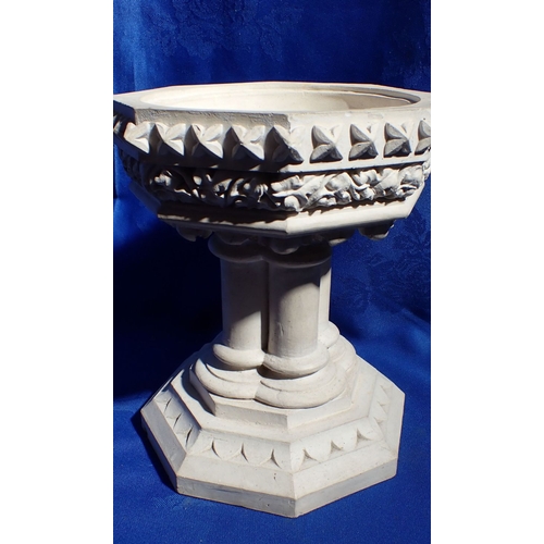 20 - A VICTORIAN STONEWARE MINIATURE GOTHIC FONT on clustered column, unmarked 23cm high, with later wood... 