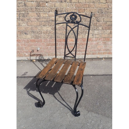 4 - A SET OF FOUR WROUGHT METAL GARDEN CHAIRS with Regency style backs, and wooden slat seats