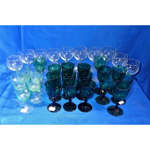 50 - A SET OF BRISTOL GREEN GLASSES with other 19th century coloured glass, and some modern table glass