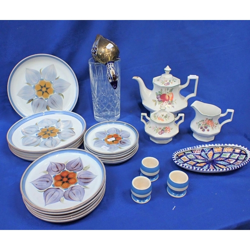 103 - A DENBY CHATSWORTH PART DINNER SERVICE with three cornishware egg cups and other decorative wares