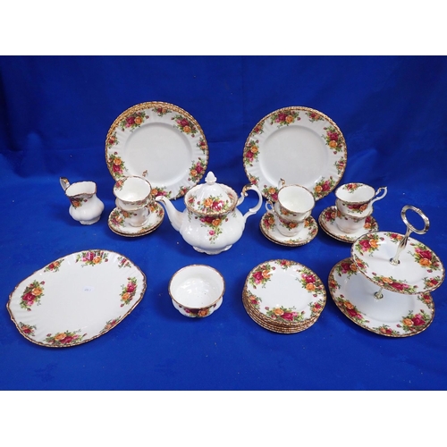 123 - A ROYAL ALBERT 'OLD COUNTRY ROSES' TEA AND DINNER SERVICE for six, with cake stand, teapot etc.