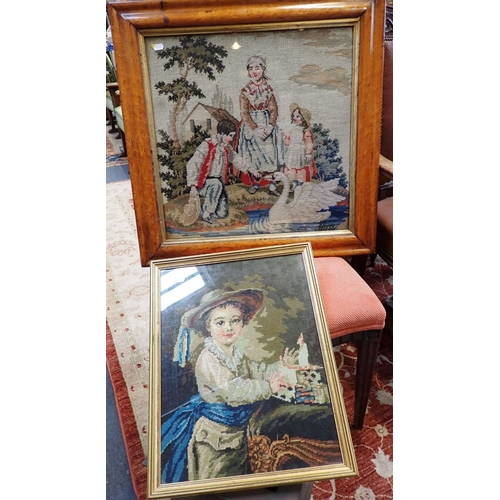 129 - A VICTORIAN WOOL WORK PICTURE, IN MAPLE FRAME 68 x 67cm, and another smaller wool work (2)