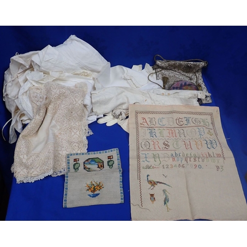 134 - A COLLECTION OF ANTIQUE LACE EDGED HANDKERCHIEFS, BABY CLOTHES and other items